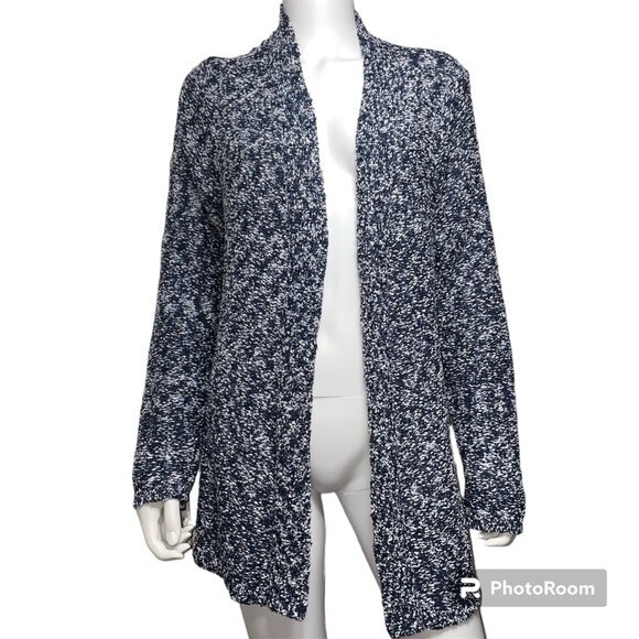 Chico's Navy and White Marbled Open Front Knit Cardigan Sweater Chico's Size 2 - Picture 1 of 9